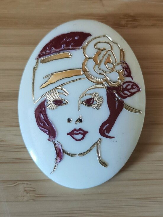 Vintage Jewelry - Vintage Lady Face Brooch with Rose Hat Fashion Pin